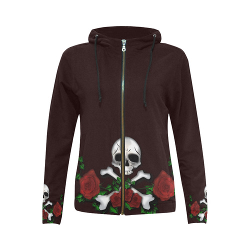 Skull Roses-Brown All Over Print Full Zip Hoodie for Women (Model H14)