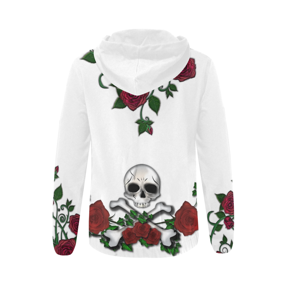 Skull Roses- WHITE All Over Print Full Zip Hoodie for Women (Model H14)