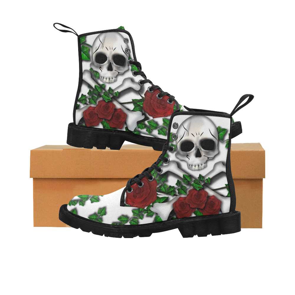 Skull Rose-WHITE Martin Boots for Women (Black) (Model 1203H)