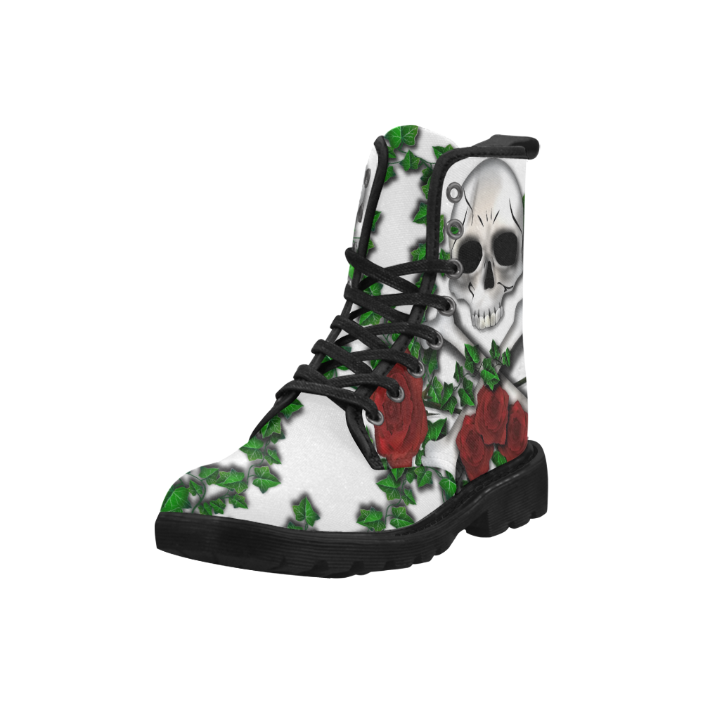 Skull Rose-WHITE Martin Boots for Women (Black) (Model 1203H)