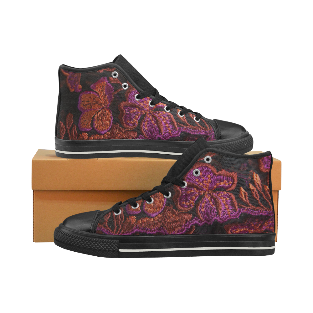 Hi Tops High Top Shoes Black Lace Red Purple Flowers by Tell3People. Men’s Classic High Top Canvas Shoes (Model 017)