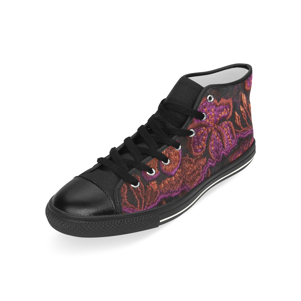 Hi Tops High Top Shoes Black Lace Red Purple Flowers by Tell3People. Men’s Classic High Top Canvas Shoes (Model 017)