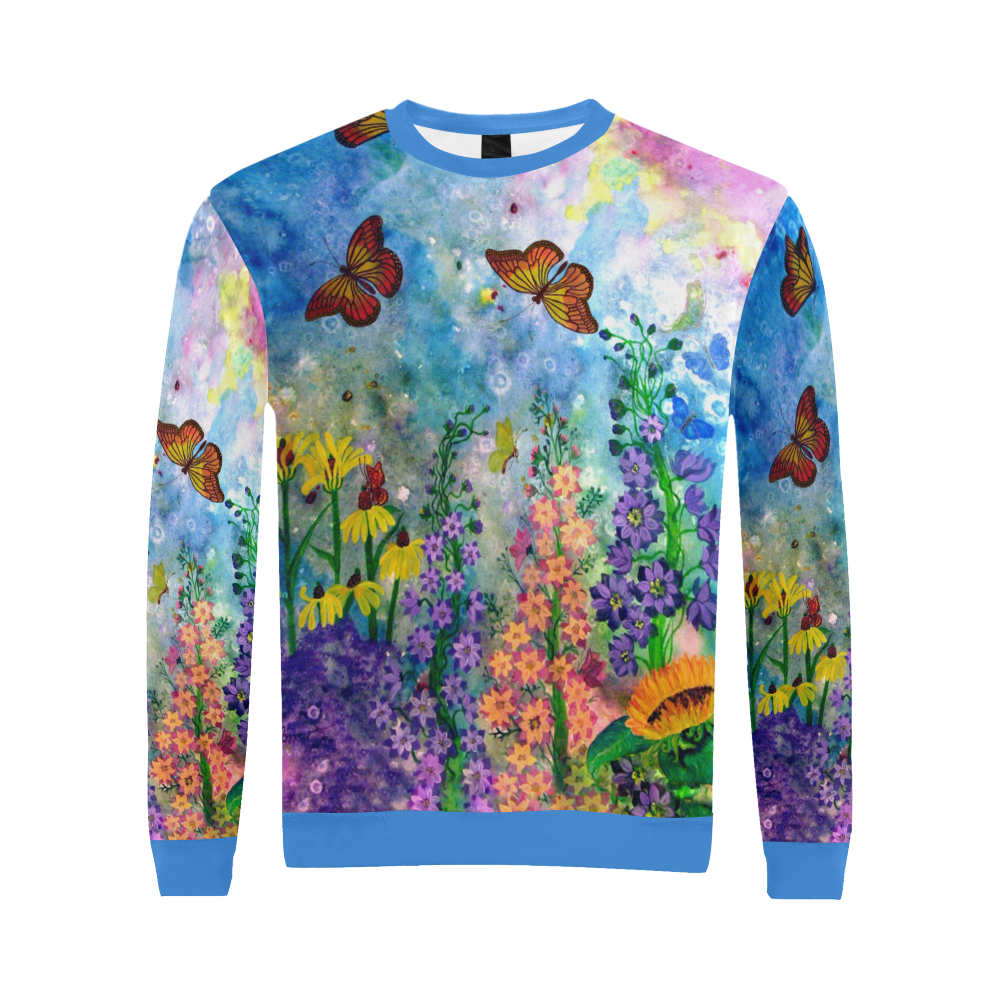 Butterfly Garden Oversized Blue Trim Sweatshirt All Over Print Crewneck Sweatshirt for Men/Large (Model H18)