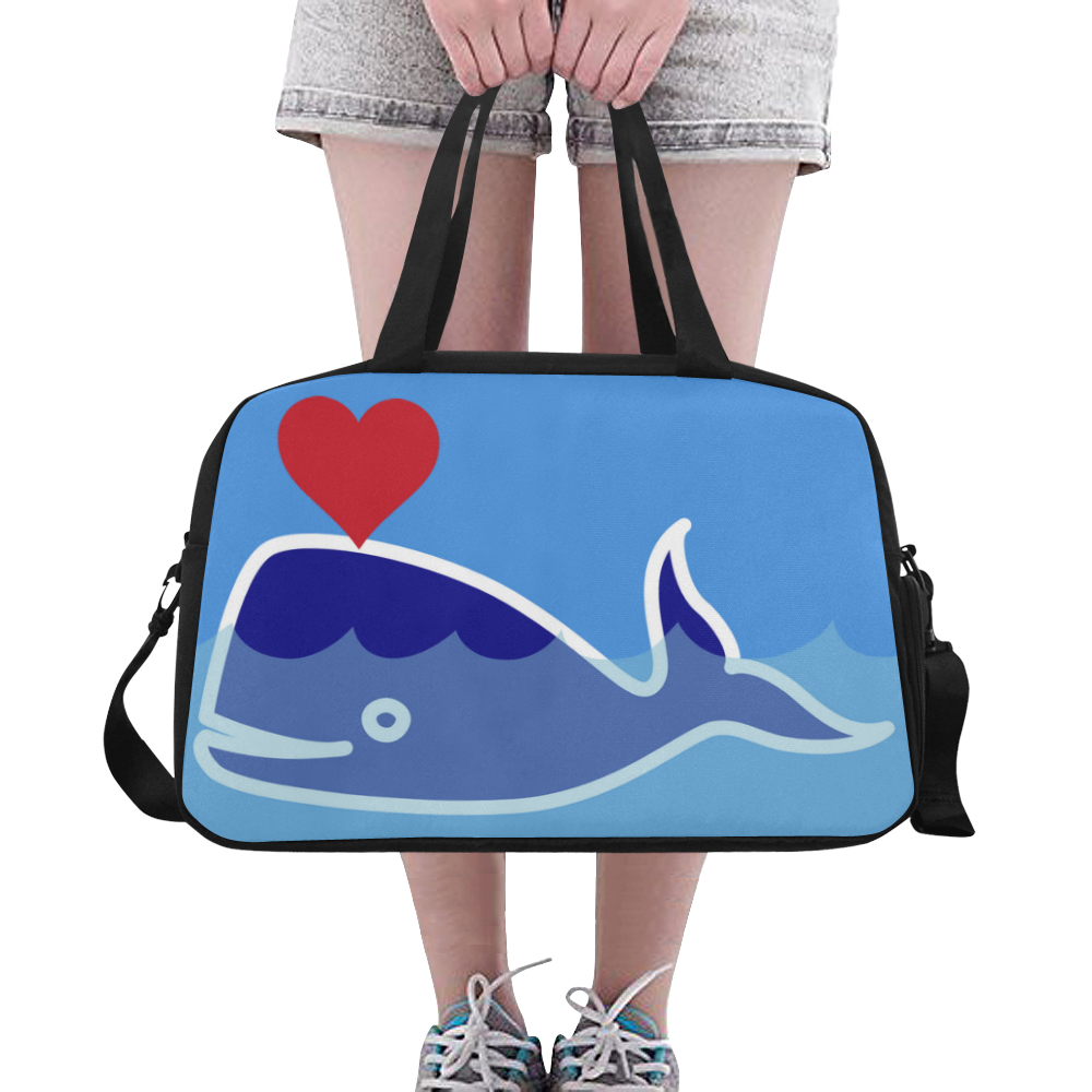 Gym Bag Overnight Bag Blue Whale Red Heart by Tell3People Fitness Handbag (Model 1671)