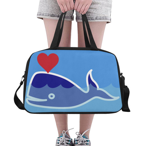 Gym Bag Overnight Bag Blue Whale Red Heart by Tell3People Fitness Handbag (Model 1671)