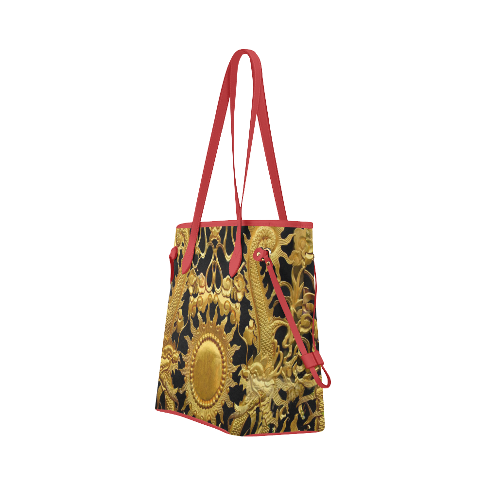 Tote Travel Bag Handbag Tote Bag Black Gold Red Sun Dragon by Tell3People Clover Canvas Tote Bag (Model 1661)