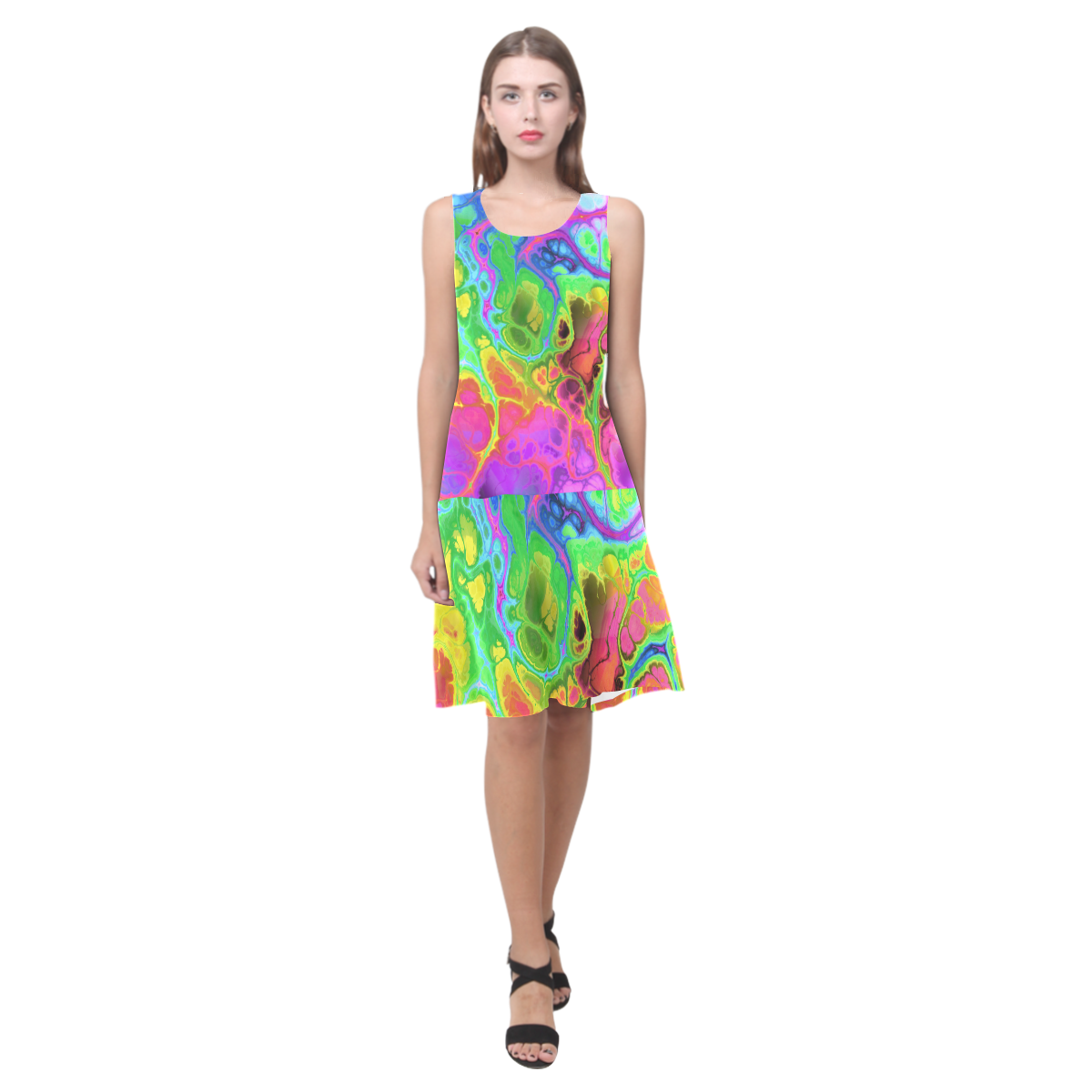 Rainbow Marble Fractal Sleeveless Splicing Shift Dress(Model D17)