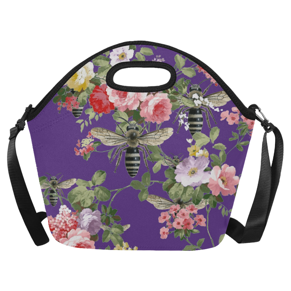 Purple Flora and Bees Neoprene Lunch Bag/Large (Model 1669)