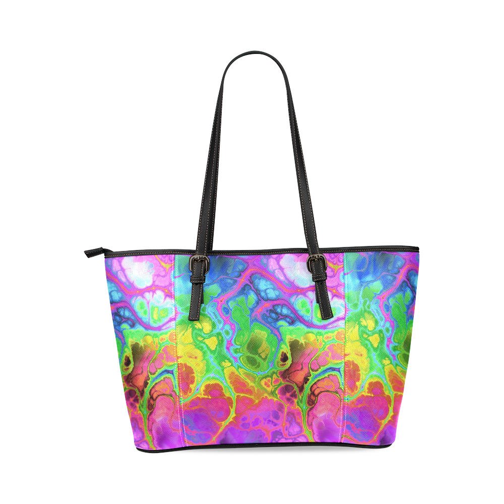 Rainbow Marble Fractal Leather Tote Bag/Large (Model 1640)