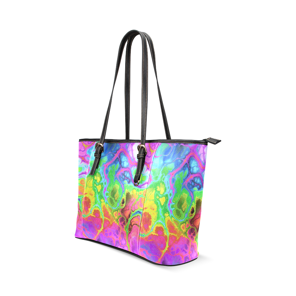 Rainbow Marble Fractal Leather Tote Bag/Large (Model 1640)