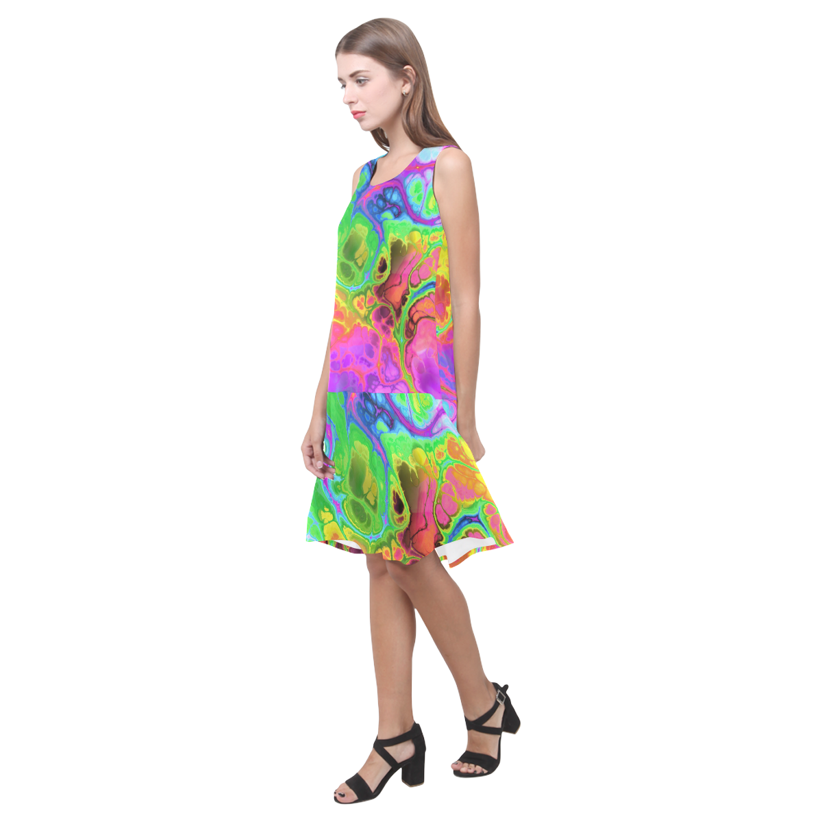 Rainbow Marble Fractal Sleeveless Splicing Shift Dress(Model D17)