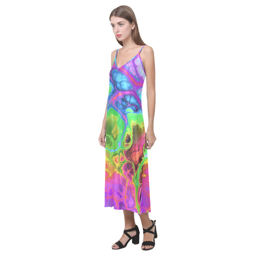 Rainbow Marble Fractal V-Neck Open Fork Long Dress(Model D18)