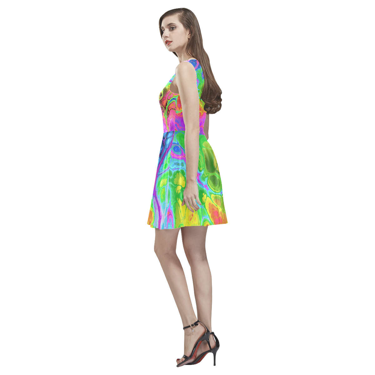 Rainbow Marble Fractal Thea Sleeveless Skater Dress(Model D19)