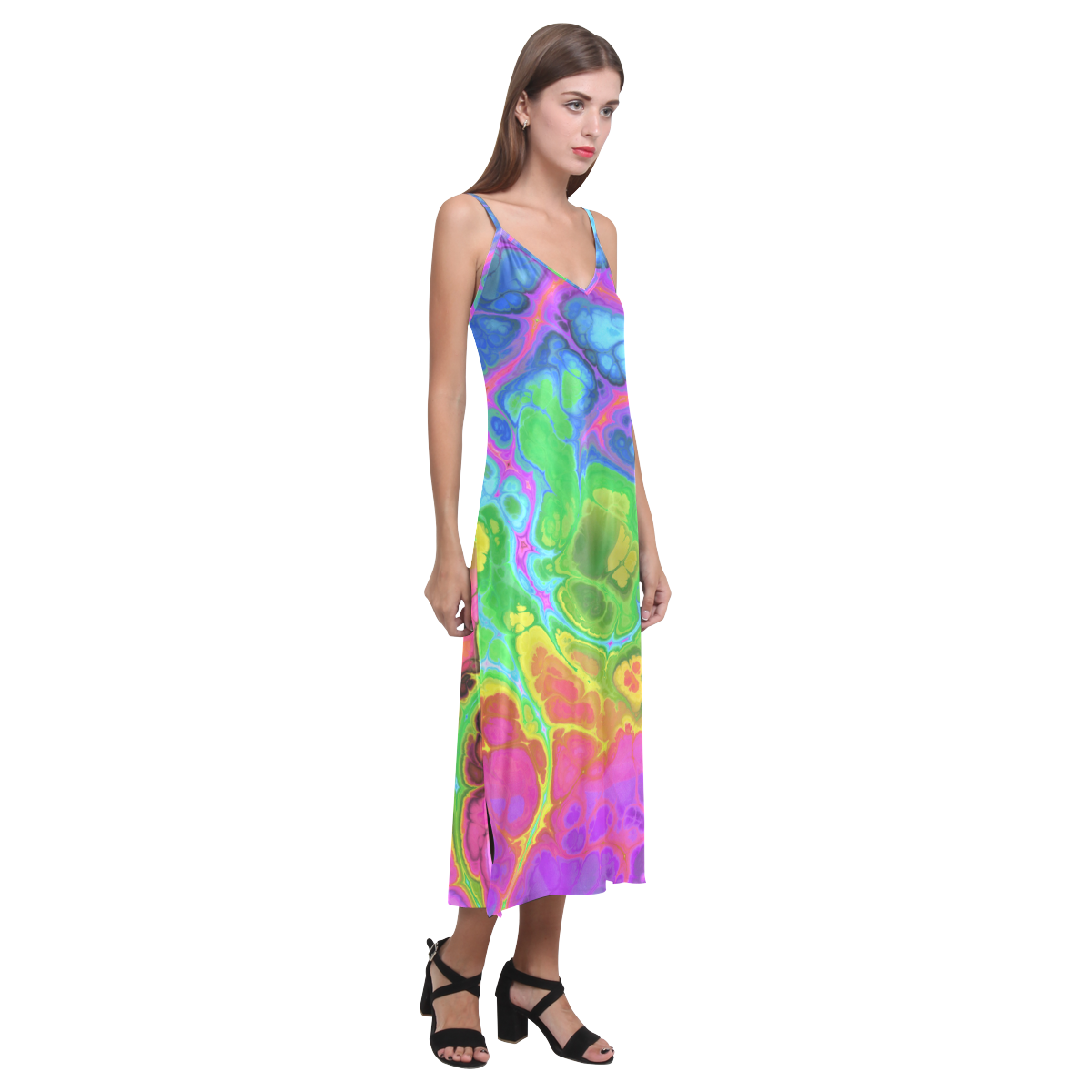 Rainbow Marble Fractal V-Neck Open Fork Long Dress(Model D18)