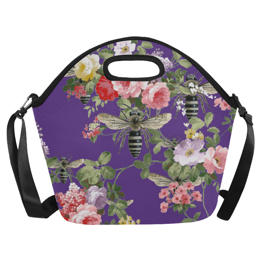Purple Flora and Bees Neoprene Lunch Bag/Large (Model 1669)