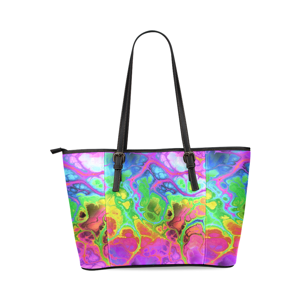 Rainbow Marble Fractal Leather Tote Bag/Small (Model 1640)