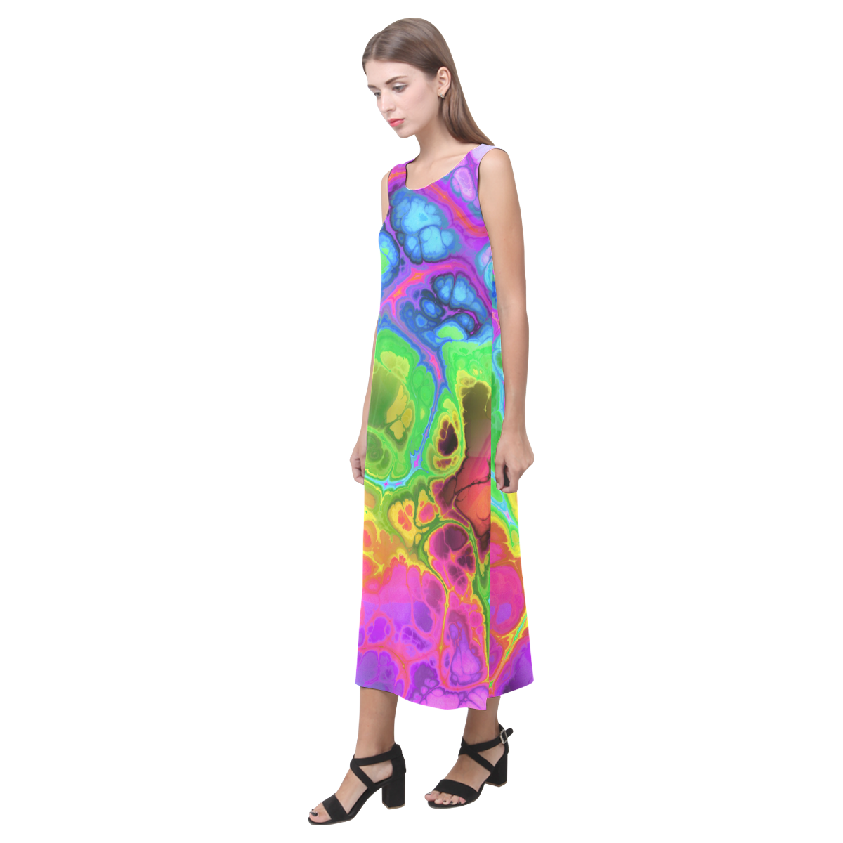 Rainbow Marble Fractal Phaedra Sleeveless Open Fork Long Dress (Model D08)