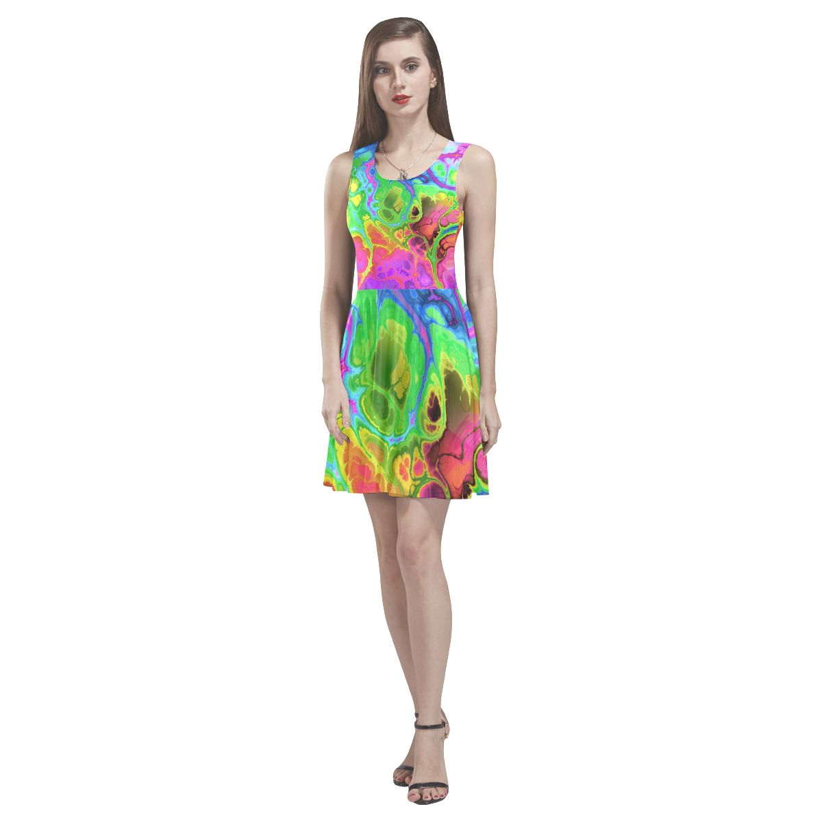 Rainbow Marble Fractal Thea Sleeveless Skater Dress(Model D19)