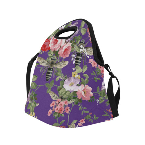 Purple Flora and Bees Neoprene Lunch Bag/Large (Model 1669)