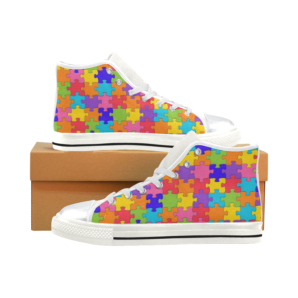 Kids Hi Tops High Top Shoes White Multi-Colored Jigsaw Puzzle High Top Canvas Shoes for Kid (Model 017)