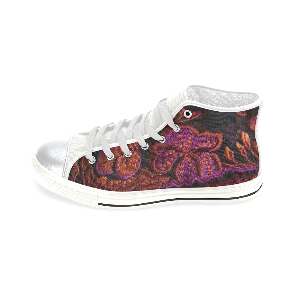 Kids Hi Tops High Top Shoes White Black Lace Red Purple Flowers High Top Canvas Shoes for Kid (Model 017)