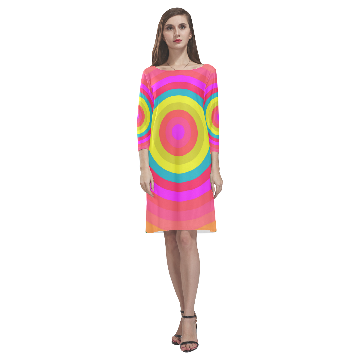 Pink Retro Radial Pattern Rhea Loose Round Neck Dress(Model D22)