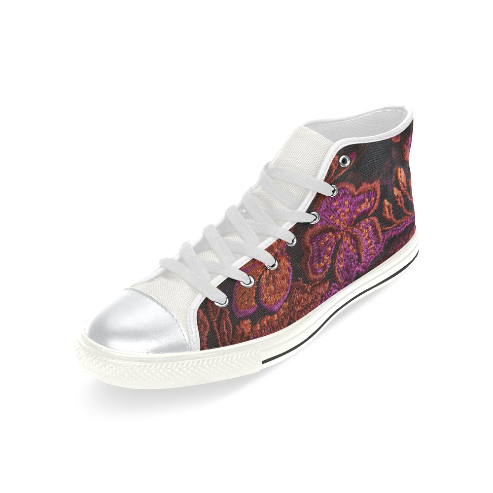 Kids Hi Tops High Top Shoes White Black Lace Red Purple Flowers High Top Canvas Shoes for Kid (Model 017)