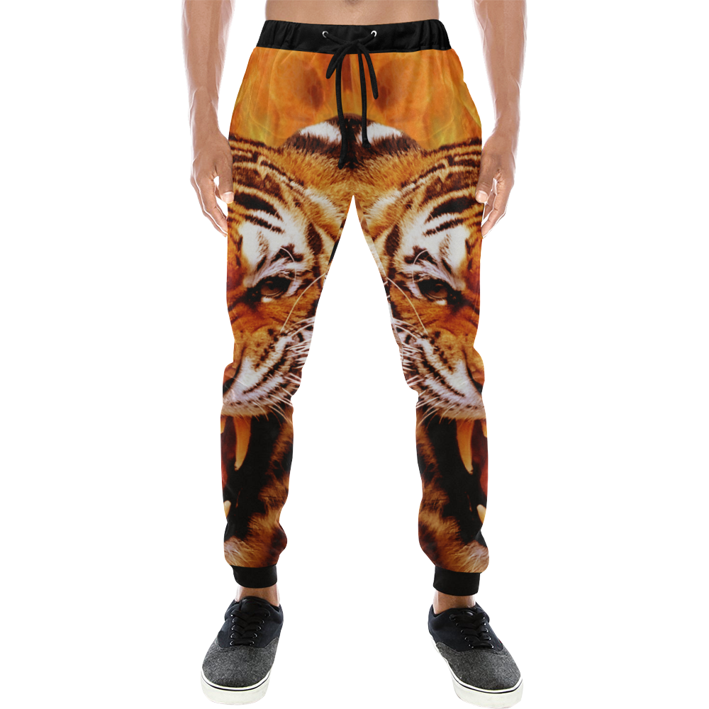 Tiger and Flame Men's All Over Print Sweatpants (Model L11)