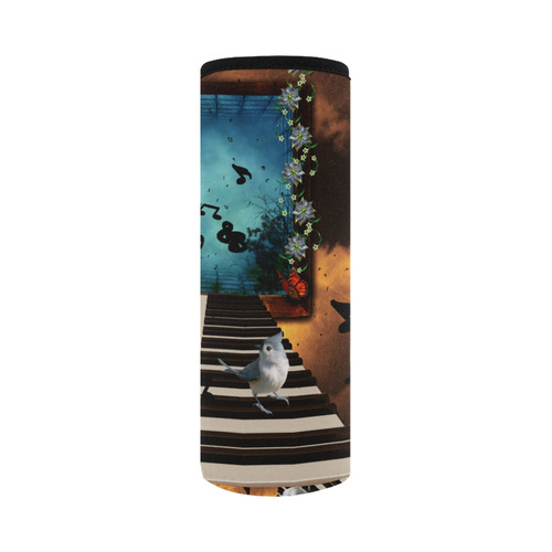 Music, birds on a piano Neoprene Water Bottle Pouch/Large