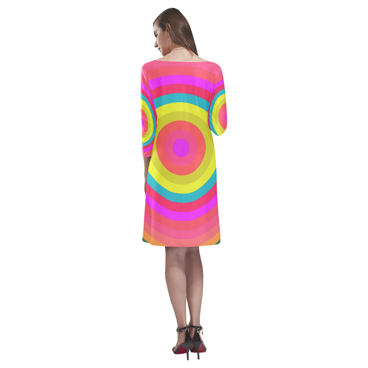 Pink Retro Radial Pattern Rhea Loose Round Neck Dress(Model D22)