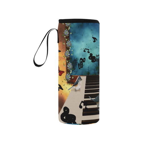 Music, birds on a piano Neoprene Water Bottle Pouch/Medium