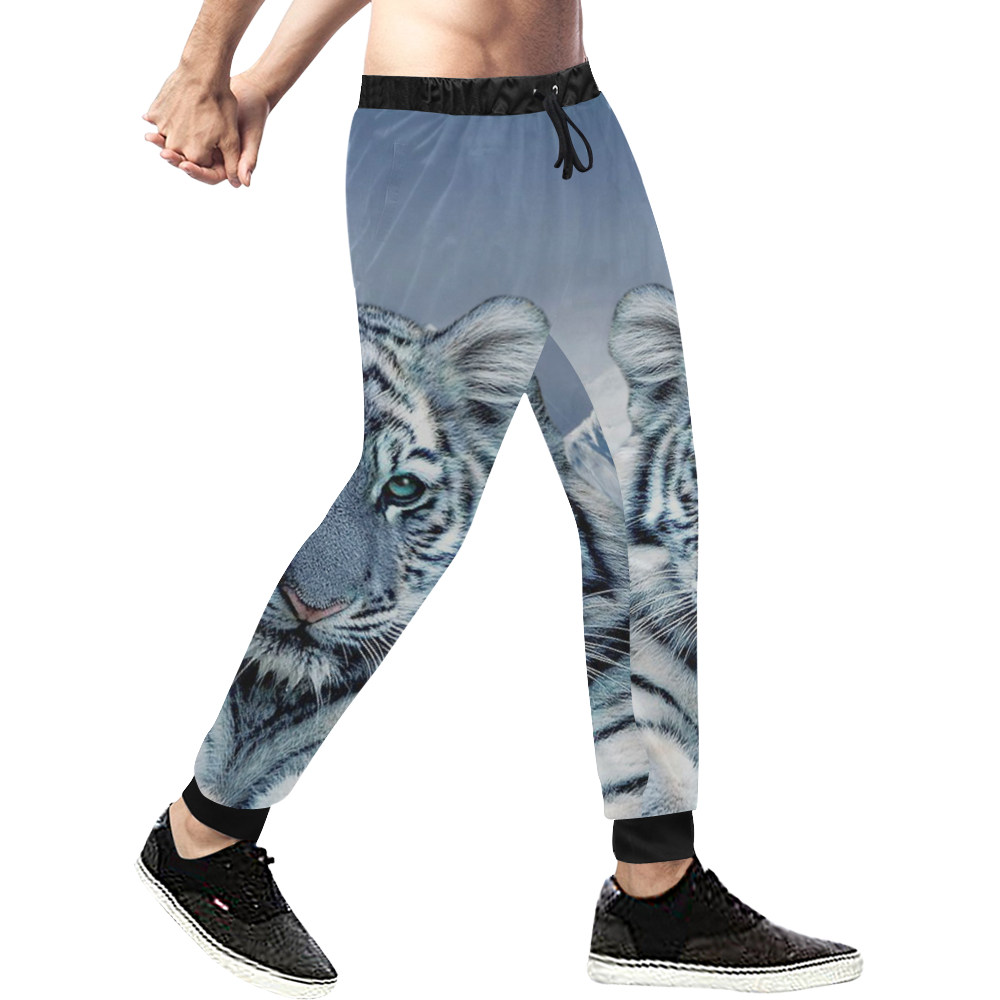 Blue White Tiger Men's All Over Print Sweatpants (Model L11)