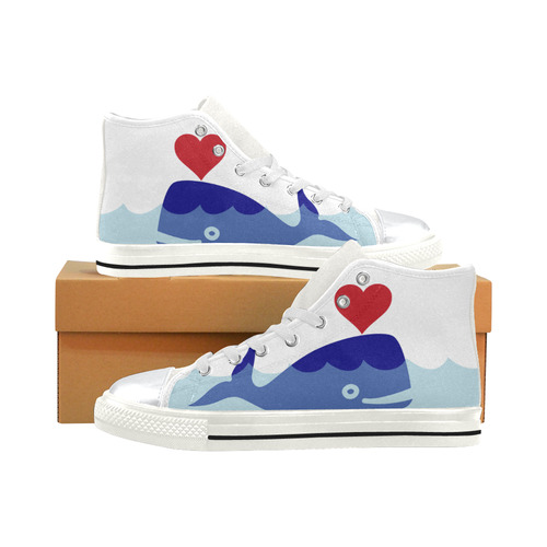 Kids Hi Tops High Top Shoes White Blue Whale Red Heart by Tell3People High Top Canvas Shoes for Kid (Model 017)