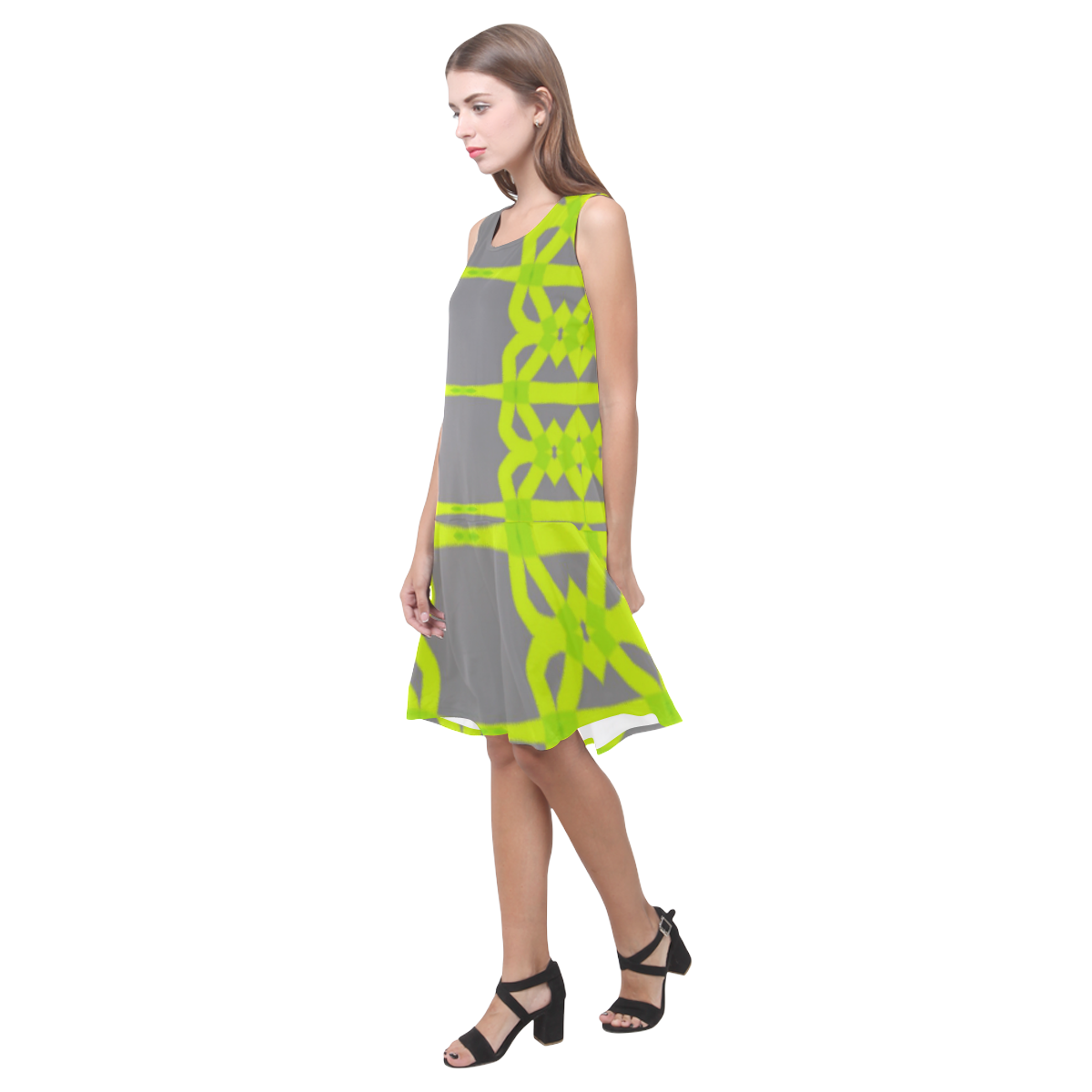 Womens Gray Lime Green by Tell3People Sleeveless Splicing Shift Dress(Model D17)