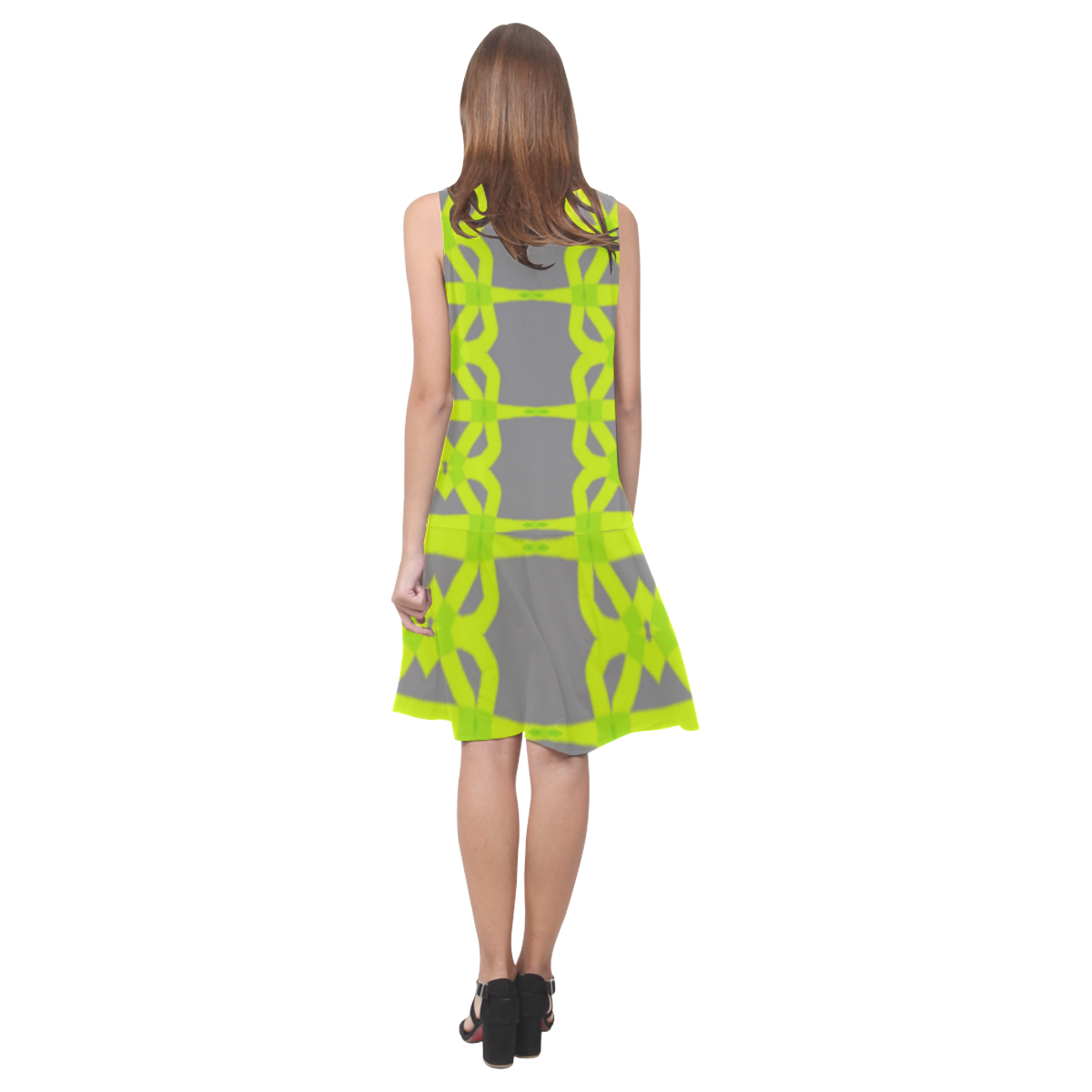 Womens Gray Lime Green by Tell3People Sleeveless Splicing Shift Dress(Model D17)