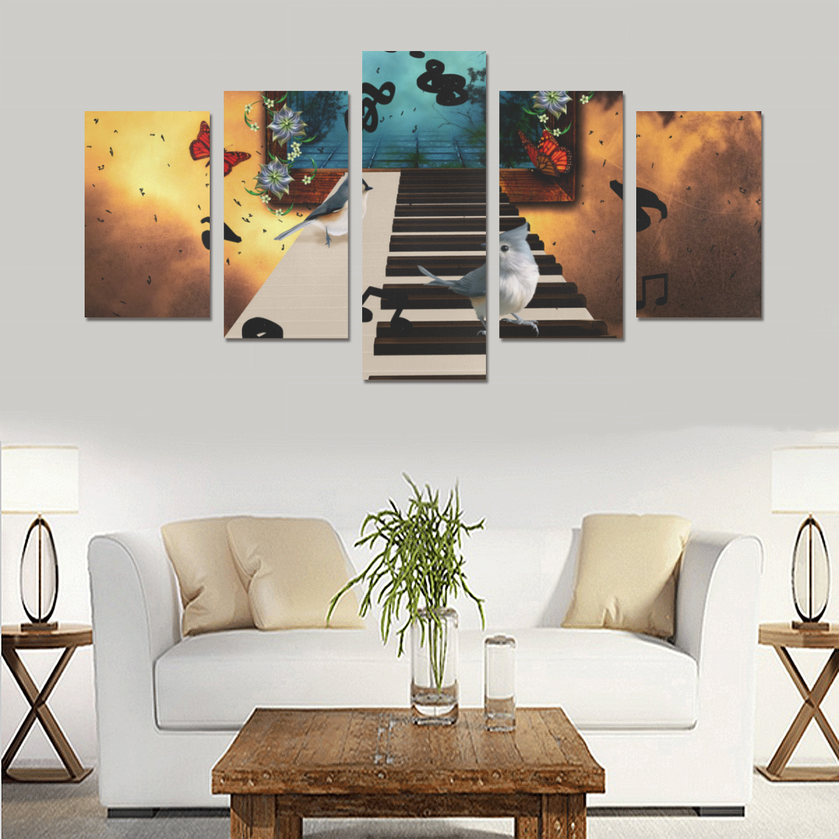 Music, birds on a piano Canvas Print Sets C (No Frame)