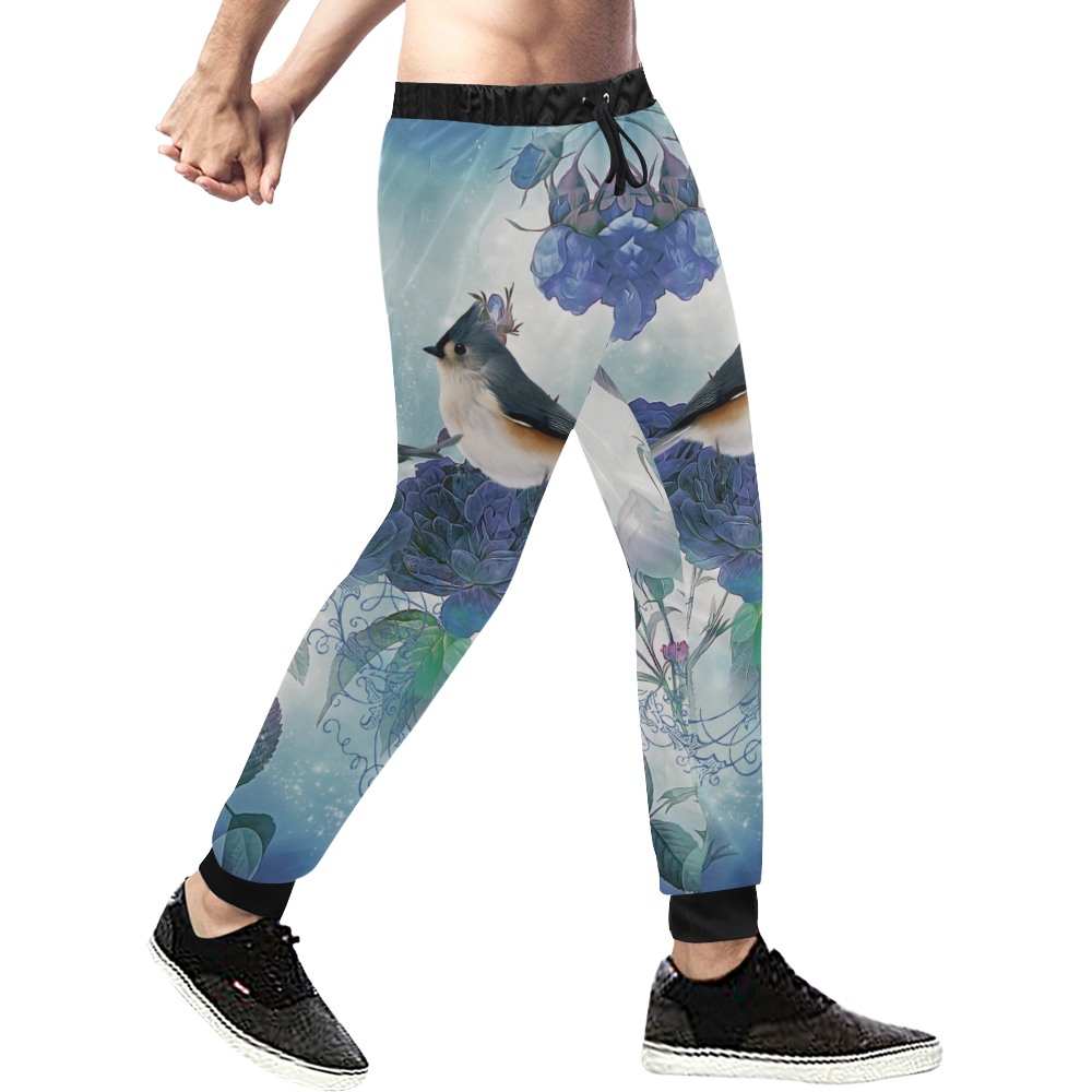 Cute birds with blue flowers Men's All Over Print Sweatpants (Model L11)