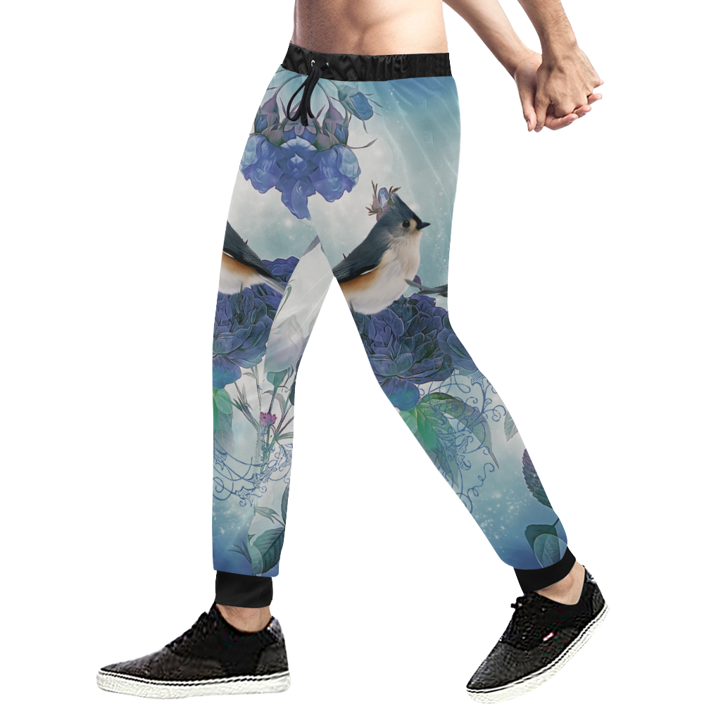 Cute birds with blue flowers Men's All Over Print Sweatpants (Model L11)