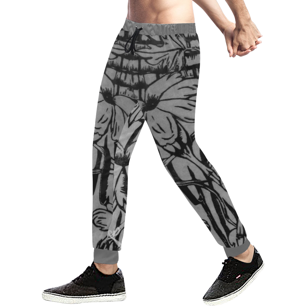 Black and white palm flowers Men's All Over Print Sweatpants (Model L11)