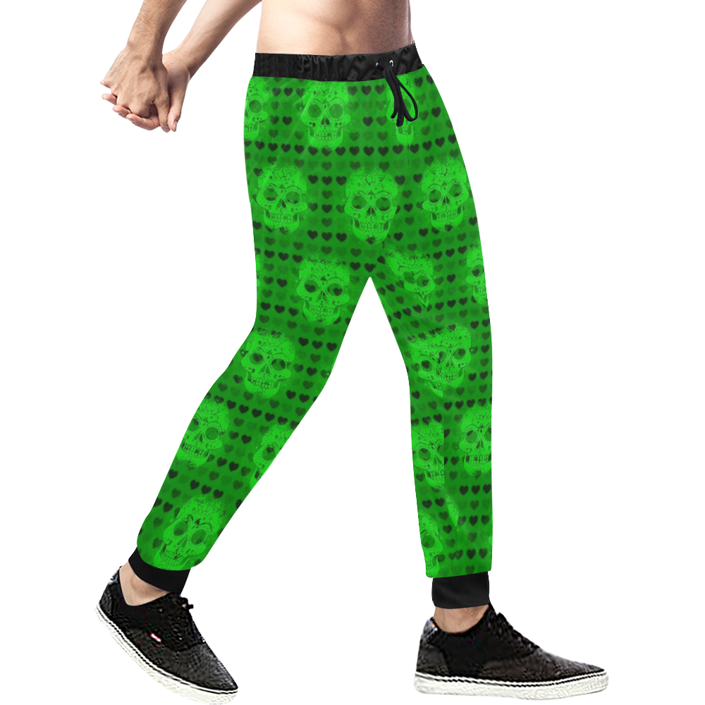 skulls and hearts, green by JamColors Men's All Over Print Sweatpants (Model L11)