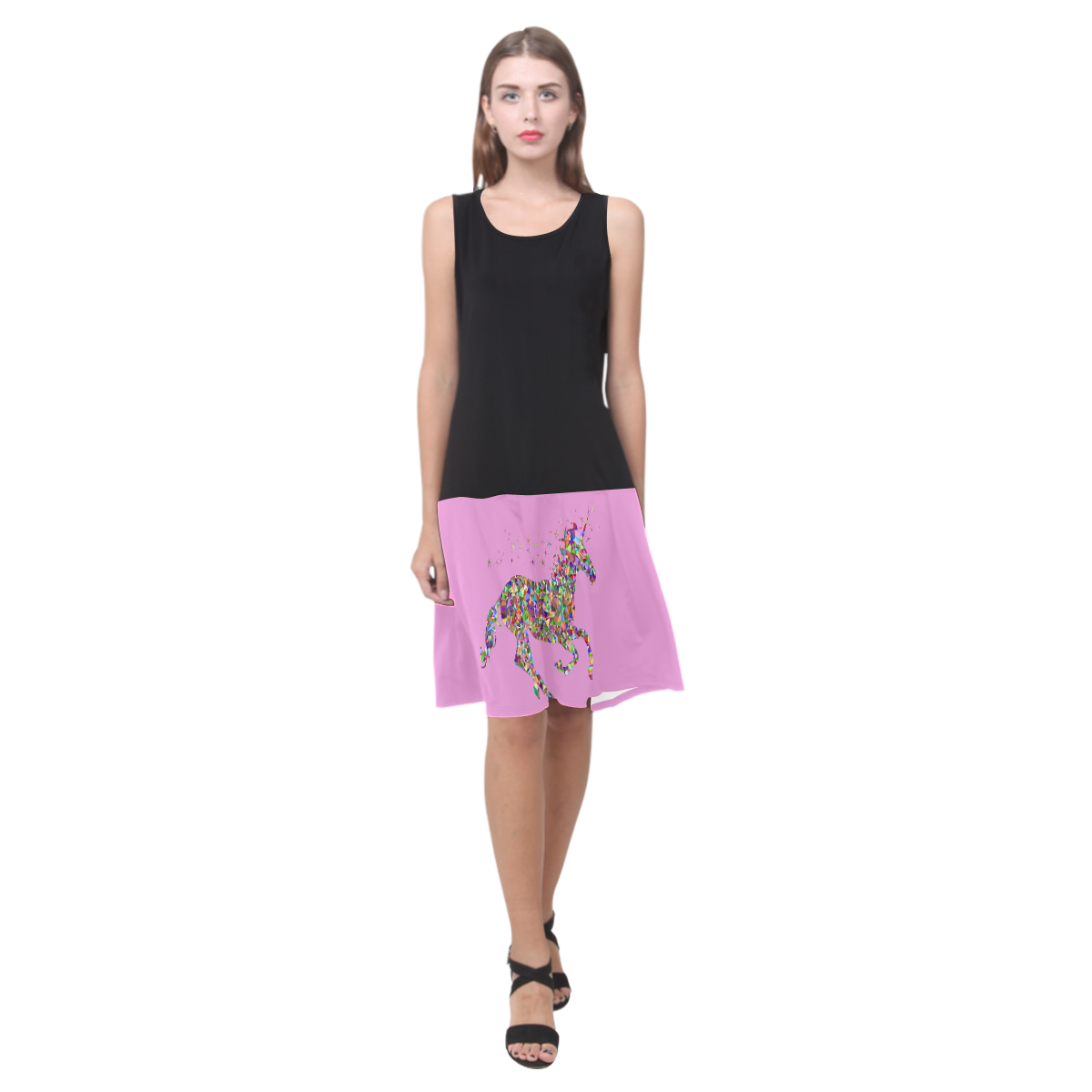 Womens Black Pink Multi-Colored Unicorn by Tell3People Sleeveless Splicing Shift Dress(Model D17)