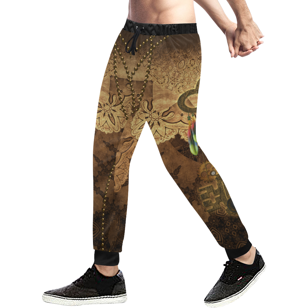 Steampunk, key with clocks, gears and feathers Men's All Over Print Sweatpants (Model L11)
