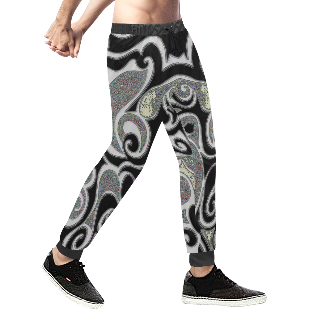 retro abstract swirl in black and white Men's All Over Print Sweatpants (Model L11)