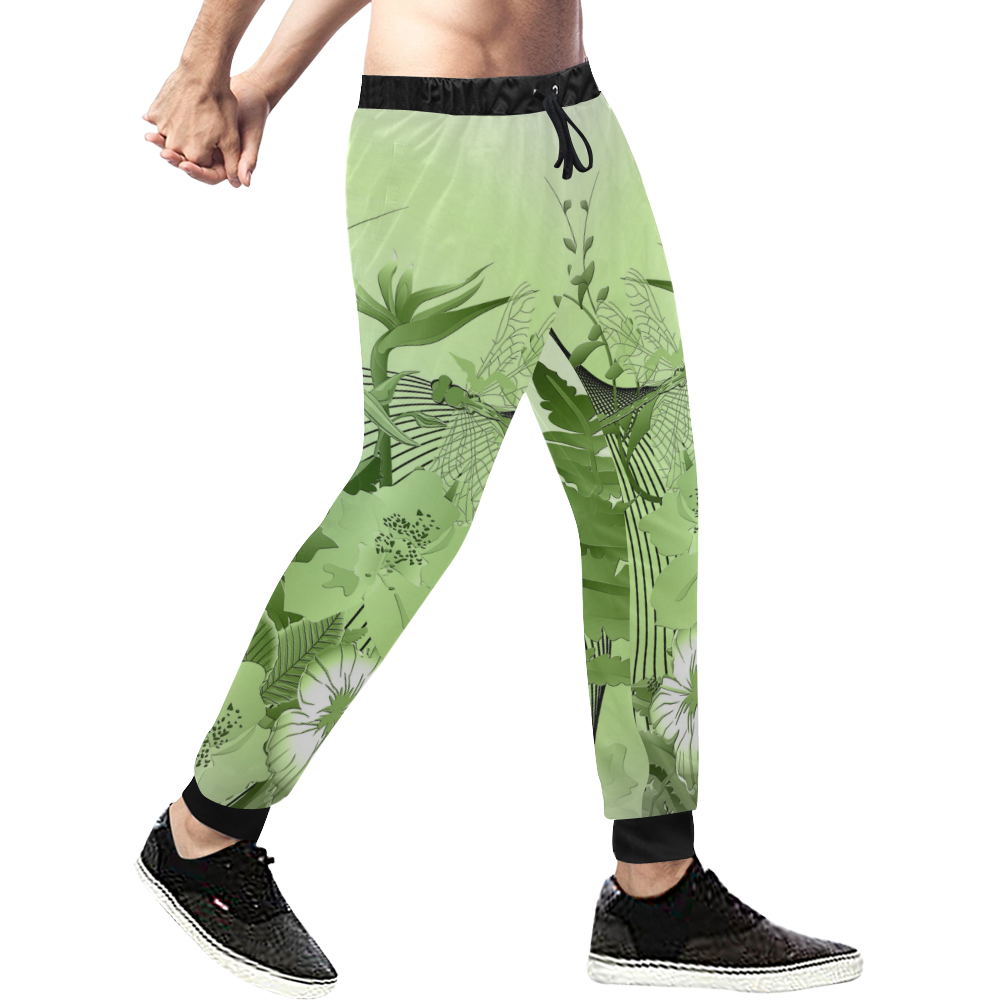 Soft green flowers with birds Men's All Over Print Sweatpants (Model L11)