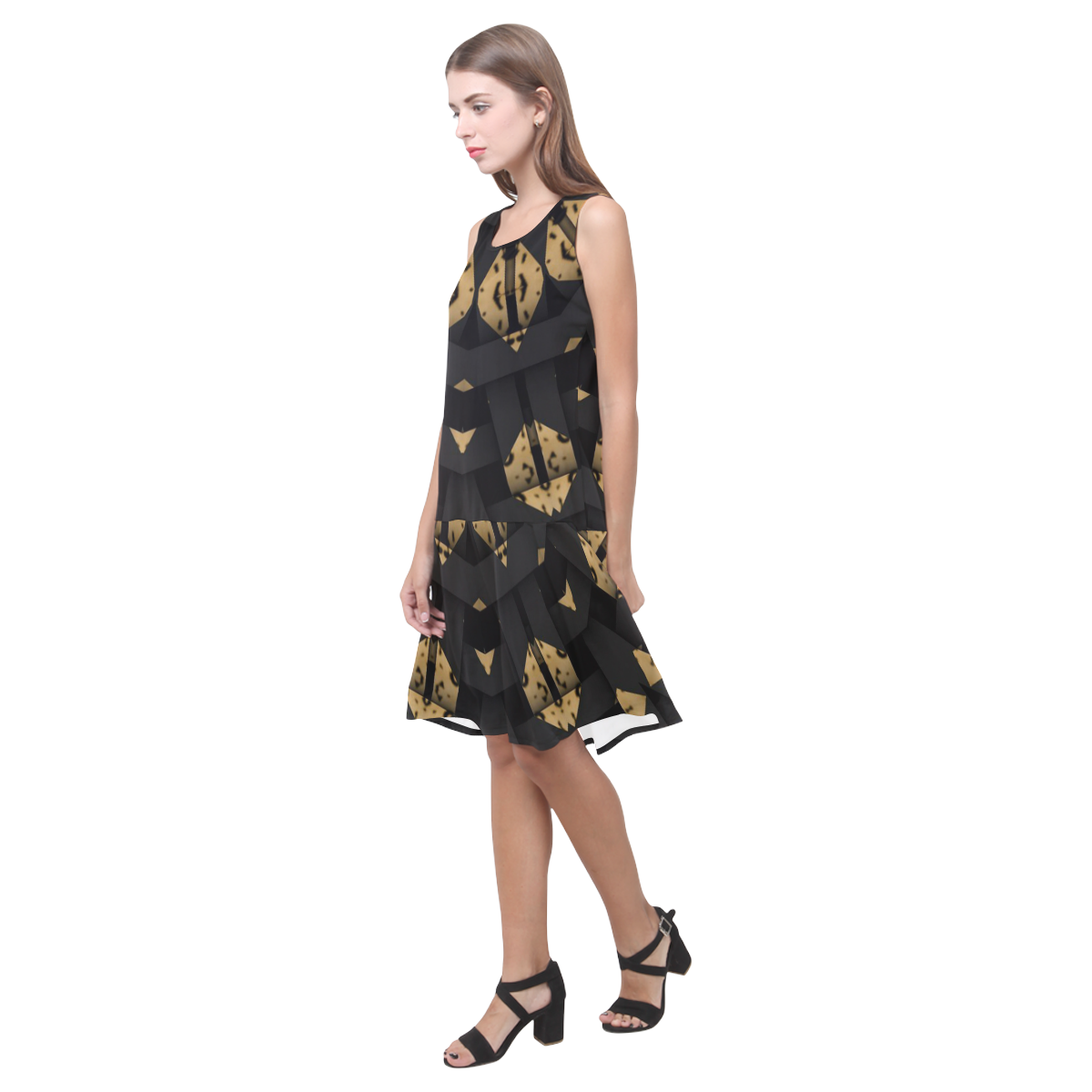 Womens Black Leopard Print by Tell3People Sleeveless Splicing Shift Dress(Model D17)