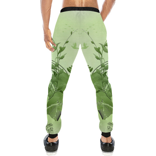 Soft green flowers with birds Men's All Over Print Sweatpants (Model L11)