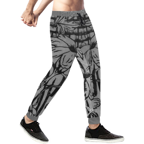 Black and white palm flowers Men's All Over Print Sweatpants (Model L11)