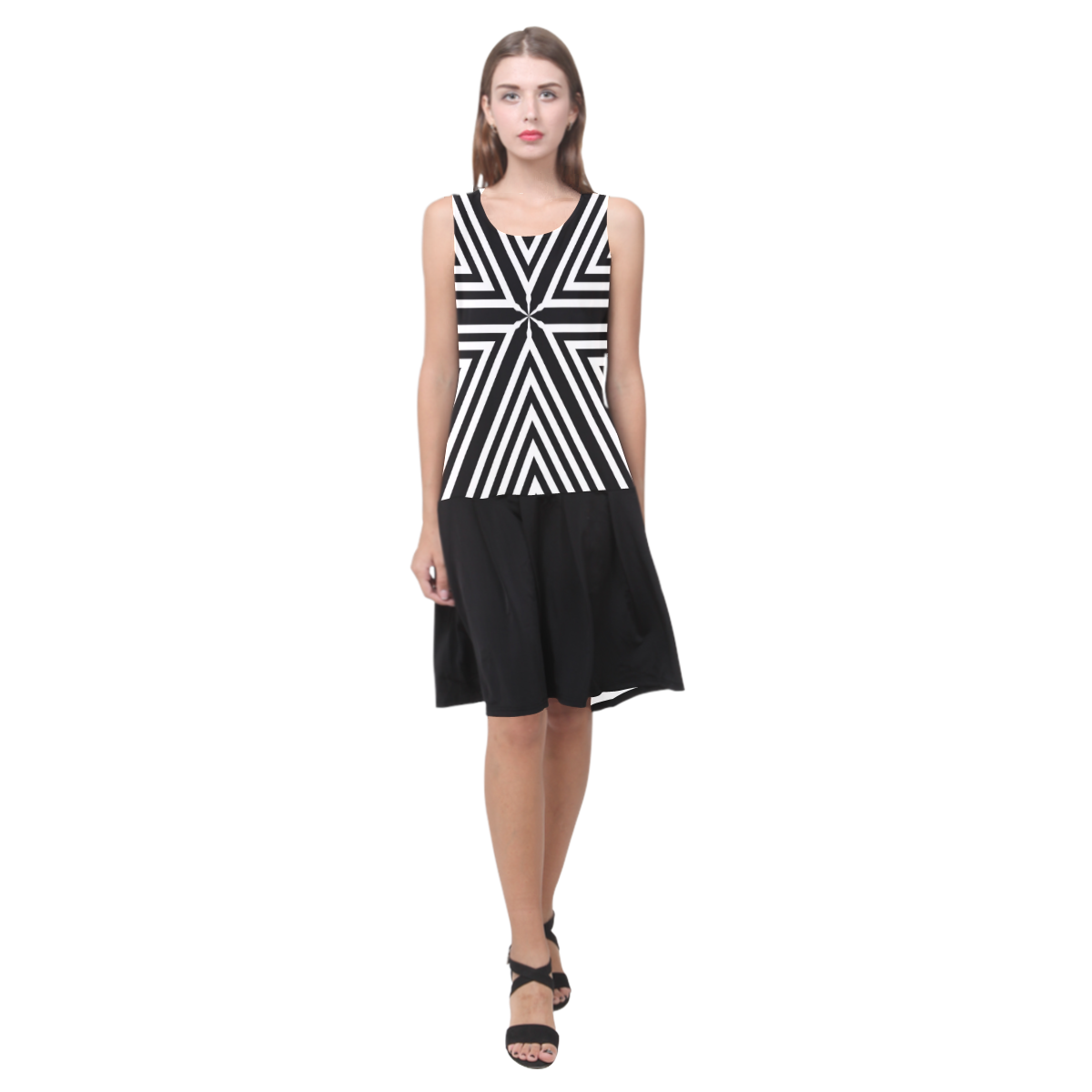 Womens Black White Stripes by Tell3People Sleeveless Splicing Shift Dress(Model D17)