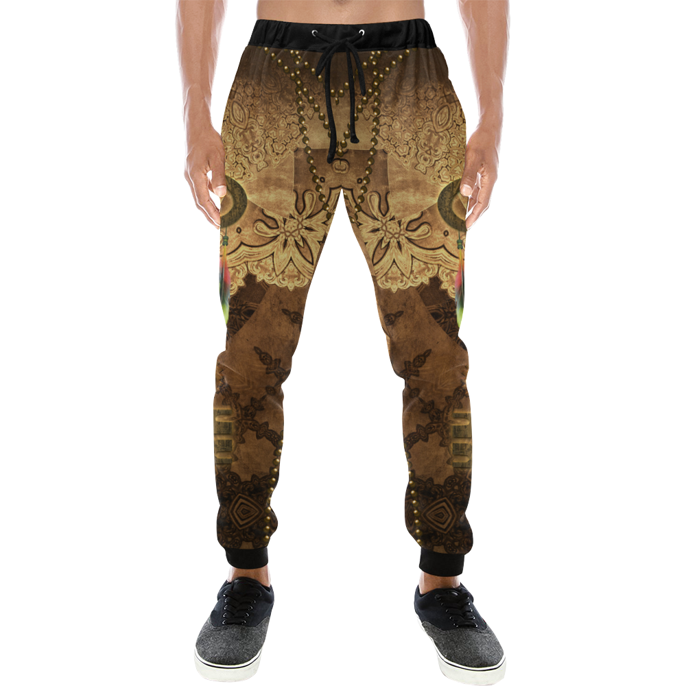 Steampunk, key with clocks, gears and feathers Men's All Over Print Sweatpants (Model L11)