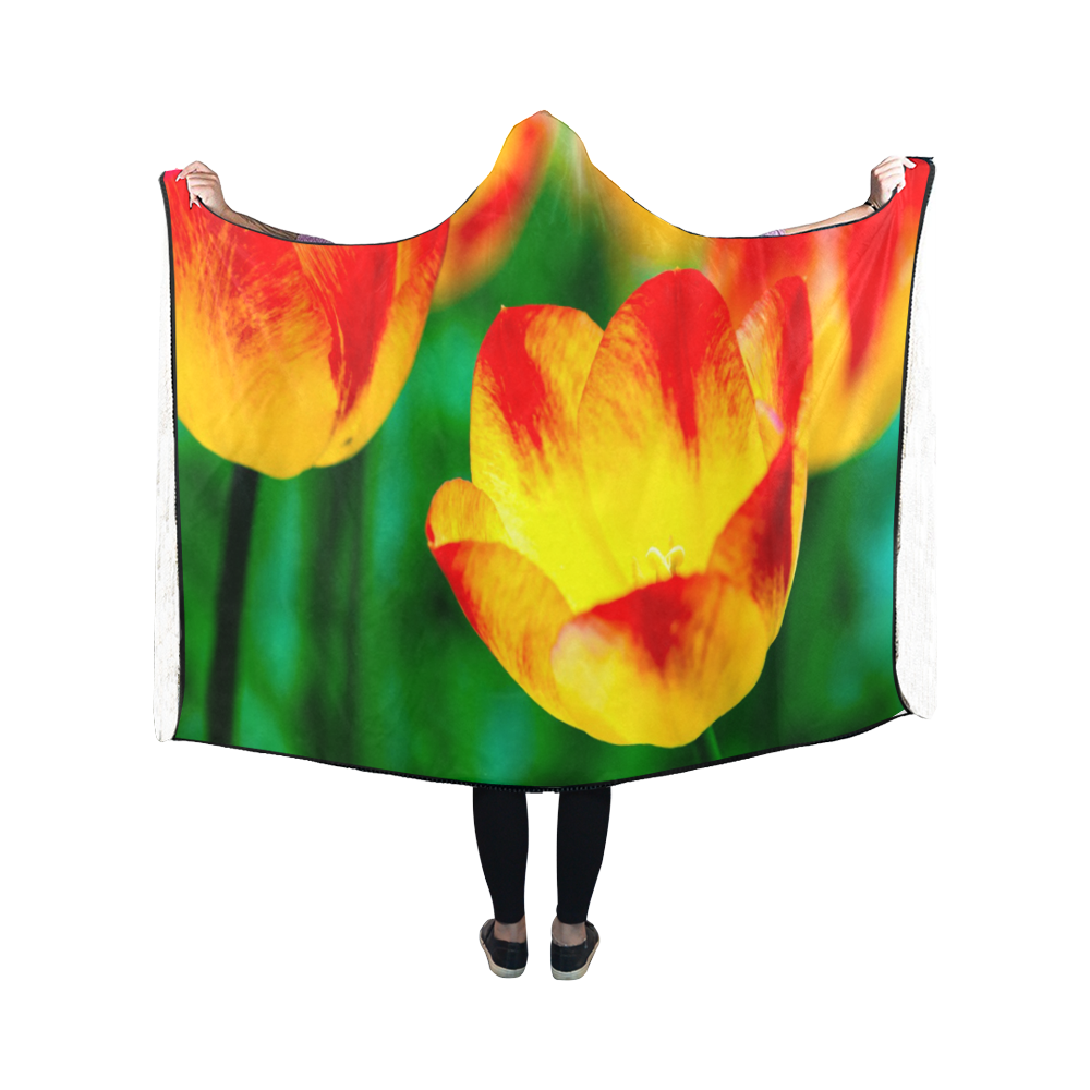 tulip flower flora red yellow green color spring Hooded Blanket 50''x40''